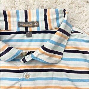 Peter Millar Polo Shirt Mens XL Blue Orange Stripes Golf Course Wicking …